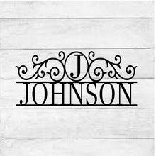 Load image into Gallery viewer, Monogram Last Name Metal Scroll Sign| Porch Decor | Monogram Sign | Monogram Scroll | Front Door Sign | Custom Metal Sign
